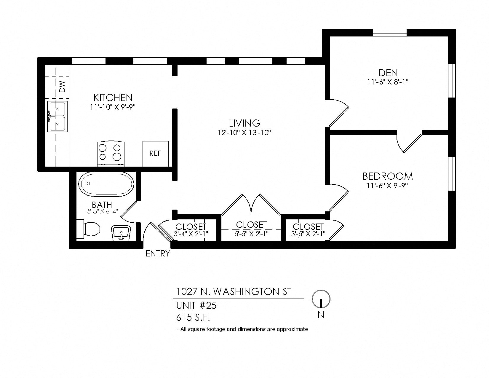Floor plan for 1 bed, 1 bath, 625 sqft